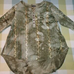 Sami & Jo Olive Tie-Dye Embroidered Blouse